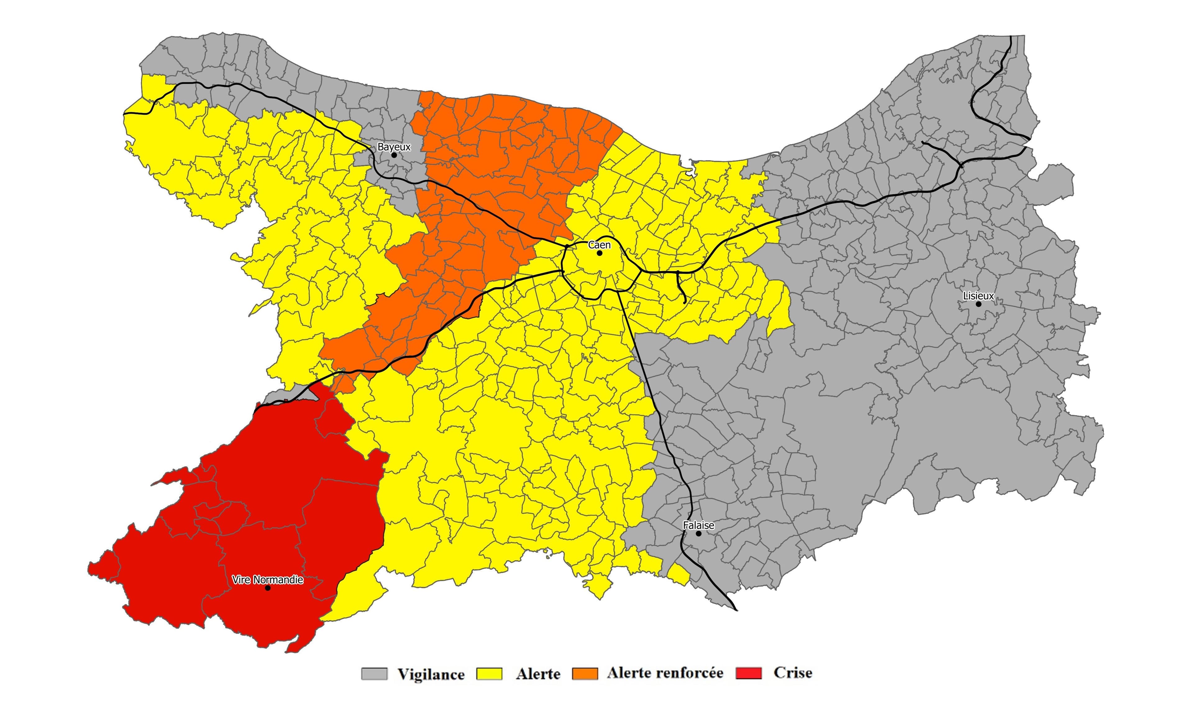 Carte des mesures de restrictions d'eau dans le Calvados © Préfecture du Calvados