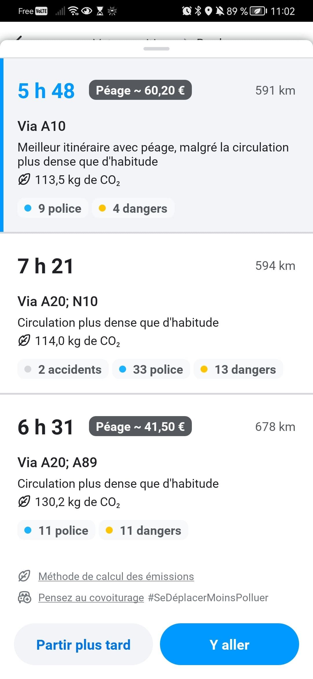 Waze propose aussi plusieurs trajets, dont un qui réduit le coût des péages via l'A20 et l'A89.