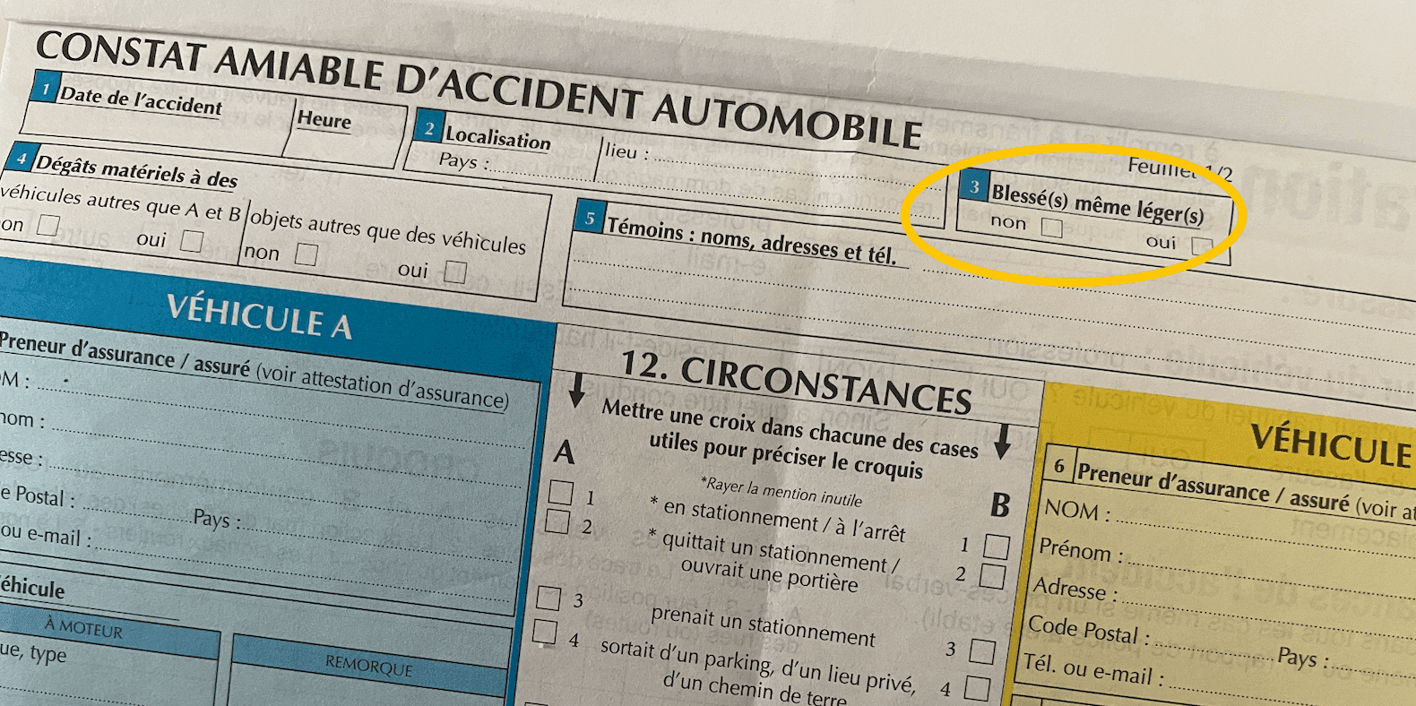 La case « blessé » au recto d'un constat amiable. 