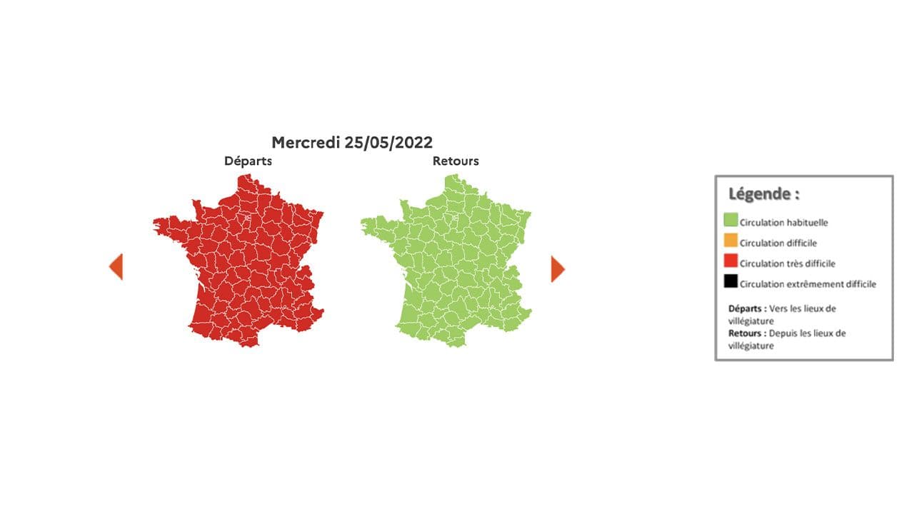 Prévisions de circulation par Bison Futé pour mercredi 25 mai 2022.