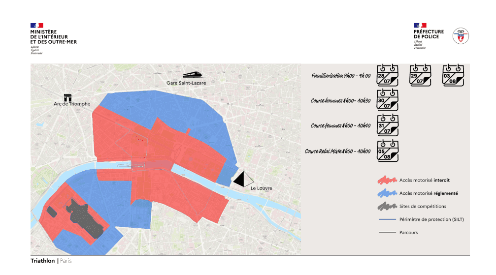 La circulation motorisée sera interdite dans le périmètre rouge et restreinte dans le périmètre bleu.