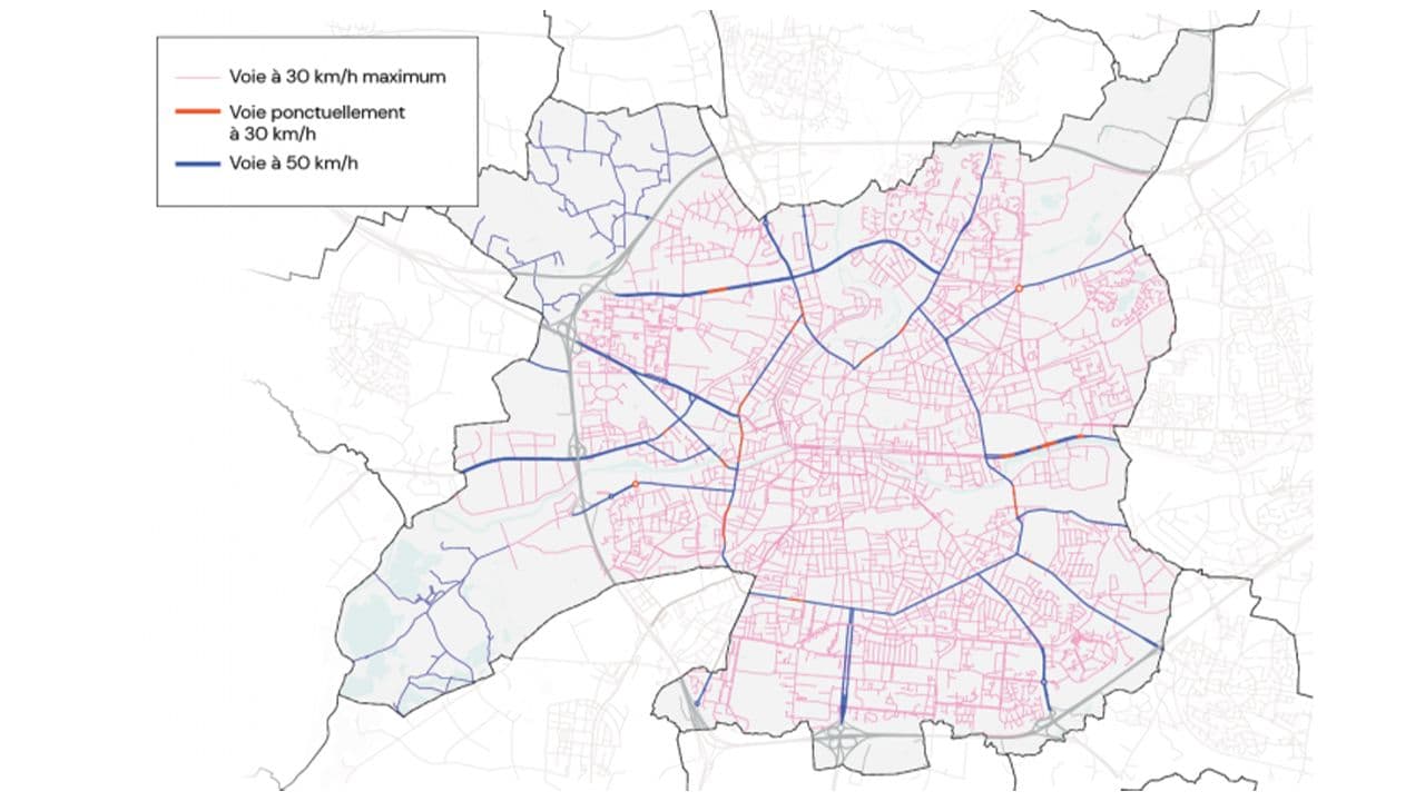 Le plan des axes limités à 30 km/h à Rennes. ©Métropole de Rennes