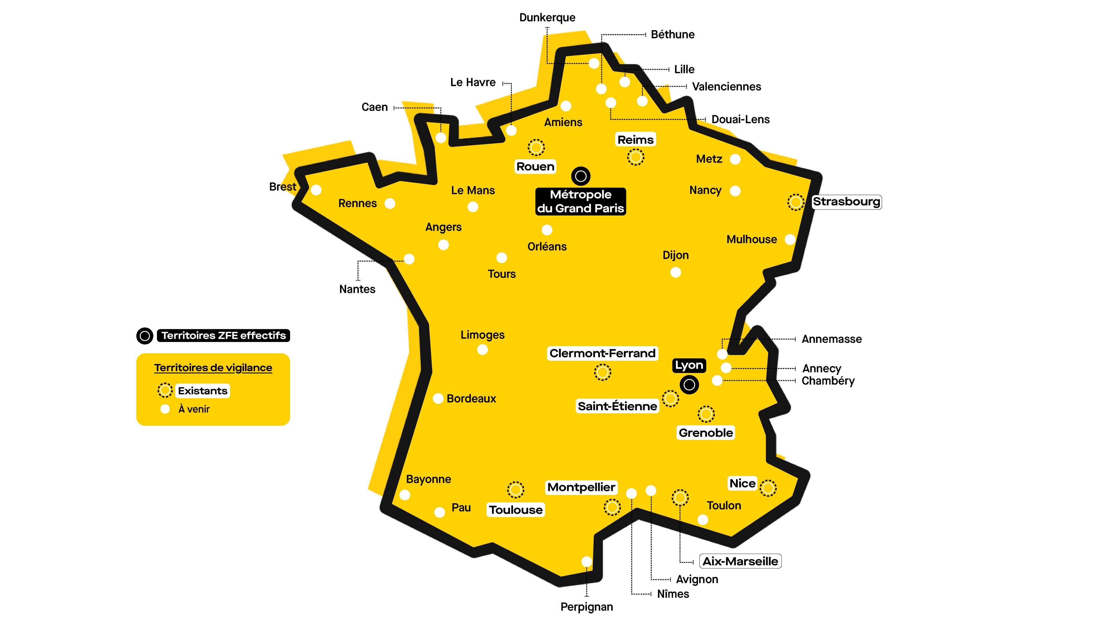 La carte des ZFE existantes et à venir en France ©Roole