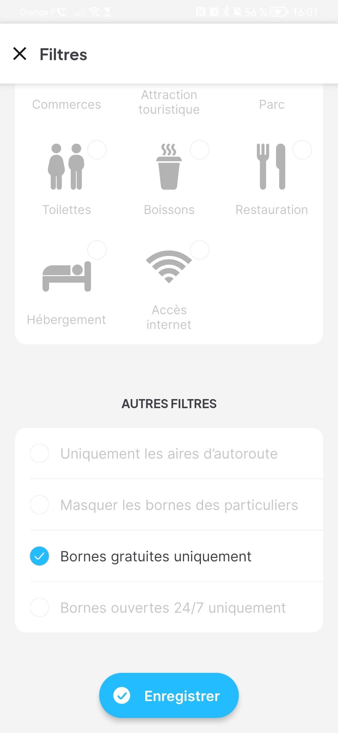 Trouver le filtre des bornes gratuites sur l'application mobile Chargemap.