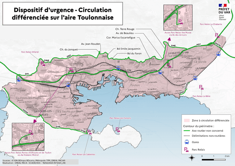 Le périmètre de la circulation différenciée s’inscrit à l’intérieur du périmètre délimité par les routes D18, D16, D559, D11, DN8, D92, Avenue Jean Rouden, Boulevard Emile Jacquemin, Boulevard du Faron, Corniche Marius Escartefigue, Avenue de Beaulieu, Chemin de Terre rouge, D46, A57, A570, D2242, D42. Les routes qui délimitent le périmètre sont exclues des restrictions.