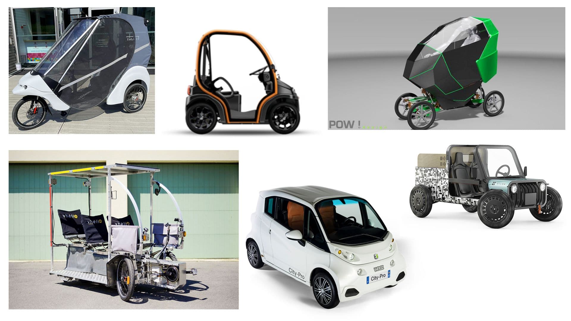 Dans l'ordre en partant d'en haut à gauche : L'Urbaner par HPR Solutions, Biro par Estrima Biro France, MOB 4.0 par EV4 France, Vhéliotech par Vhélio, Weez par Eon motors et Kilow La Bagnole par Kilow. ©Ademe/Fabrique des Mobilités/Roole