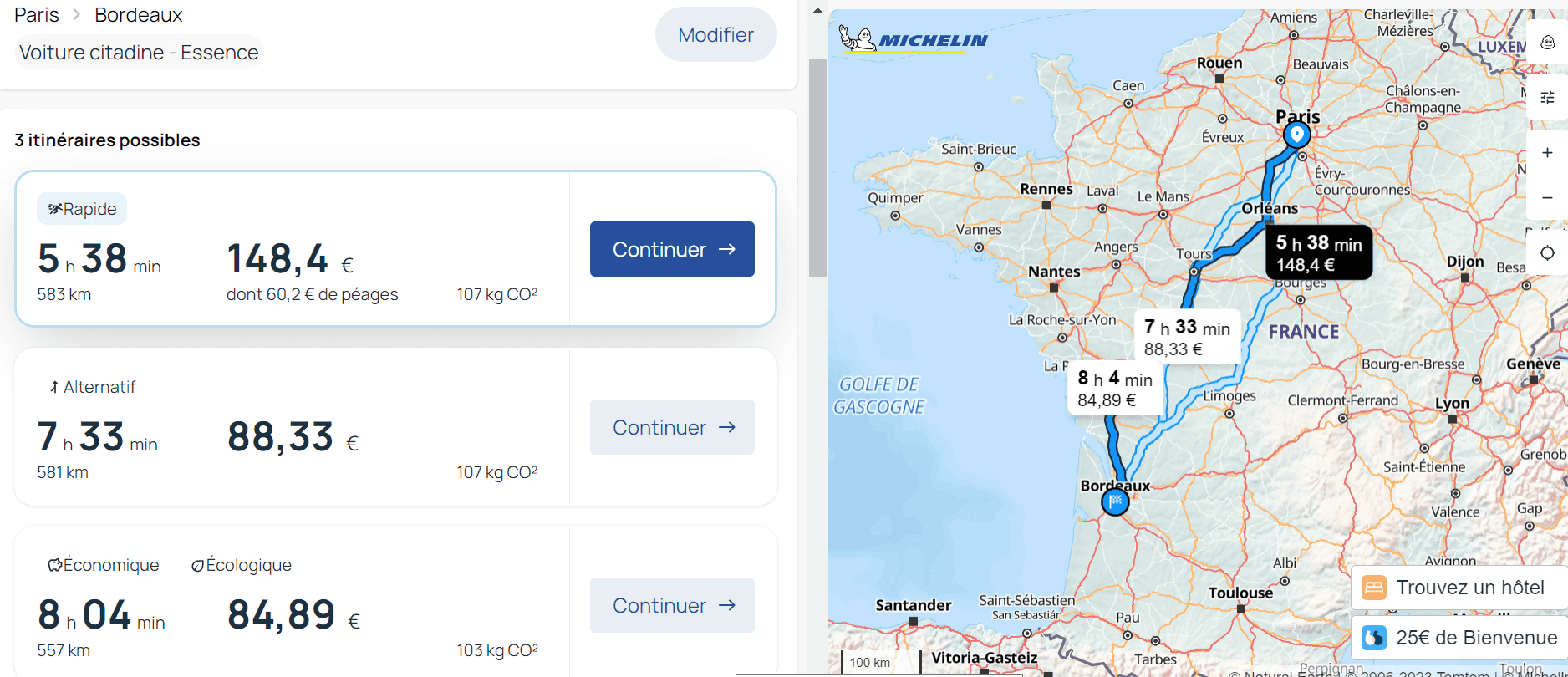 ViaMichelin propose plusieurs options de trajets avec un calcul de coût global comprenant les péages et le carburant.