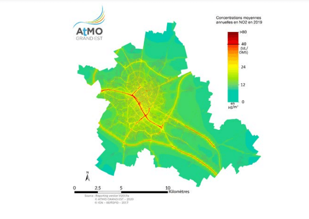 Concentrations moyennes annuelles en NO2 en 2019 ©ATMO Grand Est