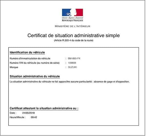 Ce certificat de situation administrative précise que le véhicule en question n'est pas gagé et ne fait pas l'objet d'une opposition.